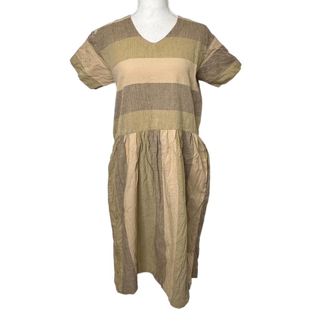 Liz Alig Tan Beige Striped Short Sleeve Dress XS